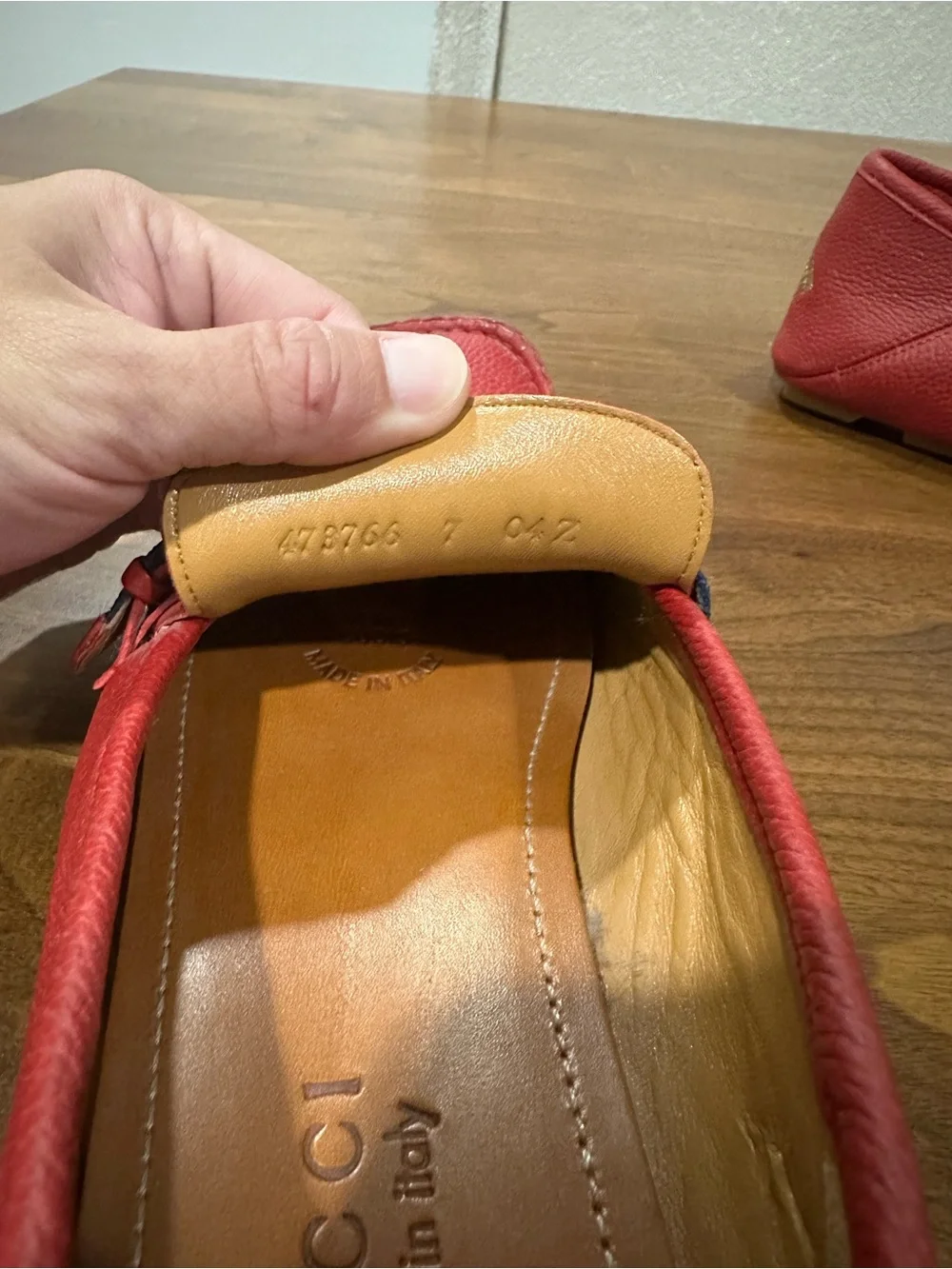Gucci Red Pebbled Leather Loafers with Blue & White Web Detail
